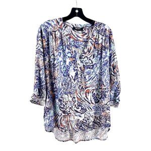 Nine West Women 3/4 Sleeve 1/2 Button Floral Animal Print Boho Top Shirt Size S